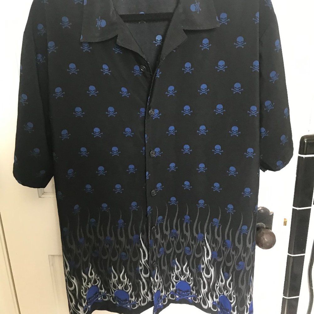 Skulls and Crossbones with Flame Casual Short Sleeve Button Down.